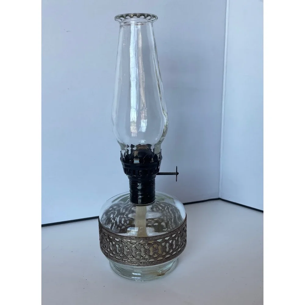 Vintage Lamplight Farms Glass Oil Lamp w/ Reticulated Metal Filigree Band 8.5